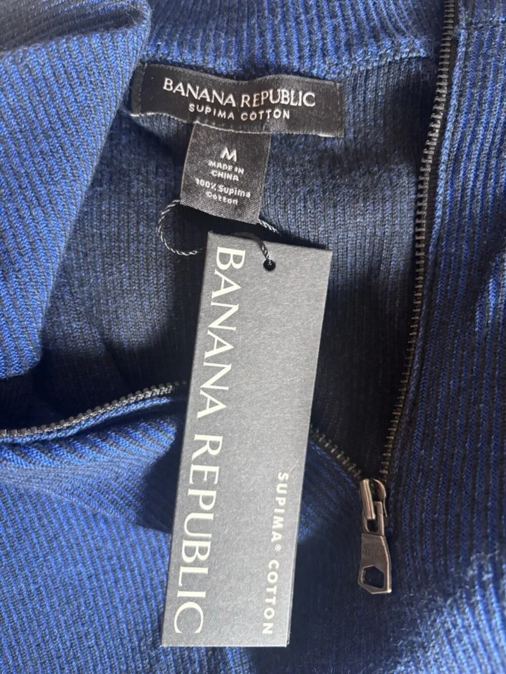 NWT Banana Republic Mens Size M Blue 1/4 Zip Pullover Ribbed Supima Cotton